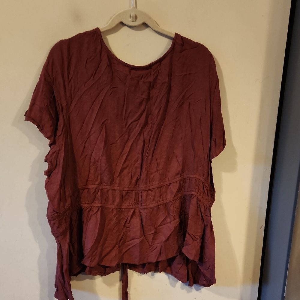 Red Flutter Sleeve Blouse With Tie Front And Ruff… - image 5